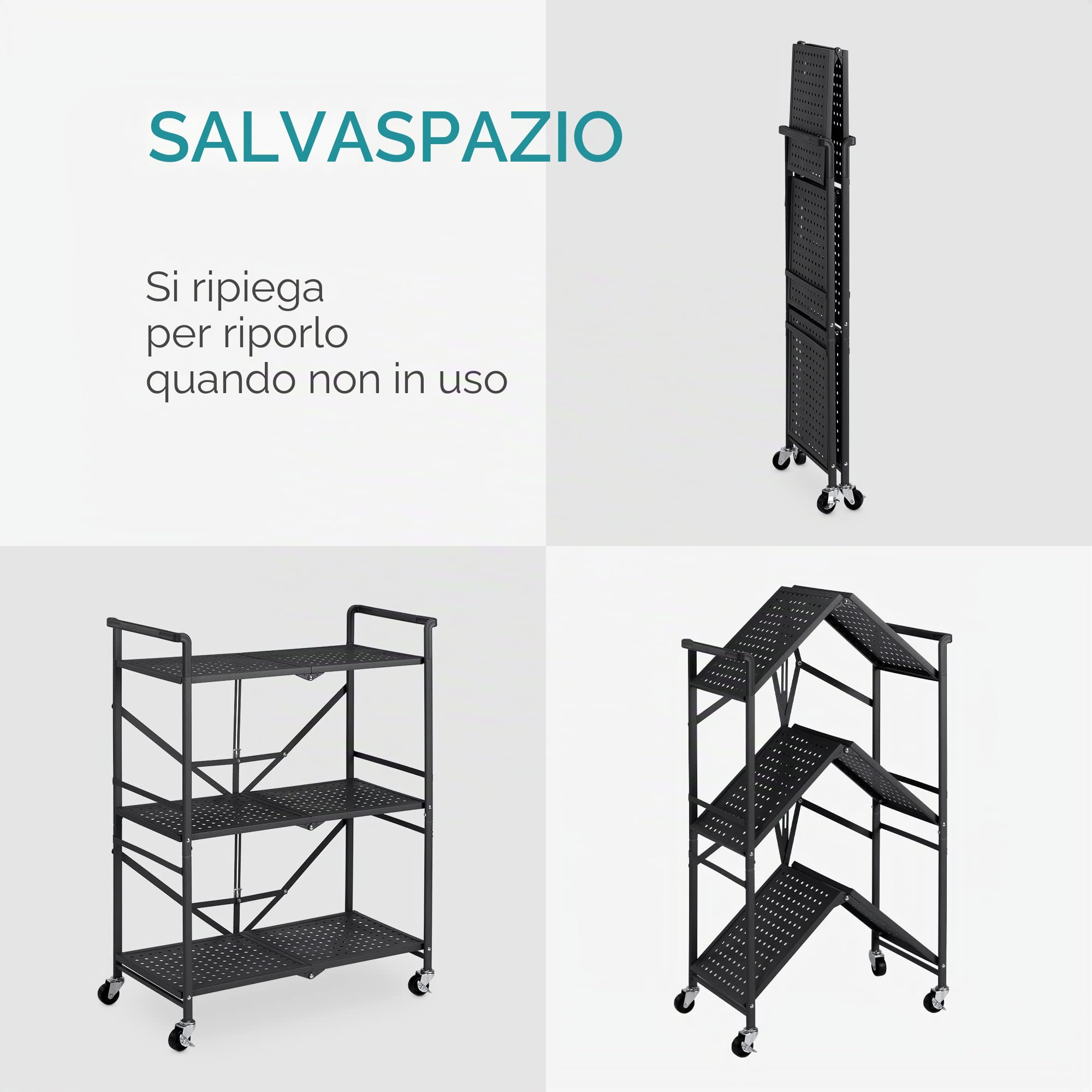 Navaris Carrello Pieghevole a 3 Ripiani - Carrellino Cucina Portavivande Oggetti - Portatutto Salvaspazio Casa Ufficio Giardino - in Metallo con Ruote