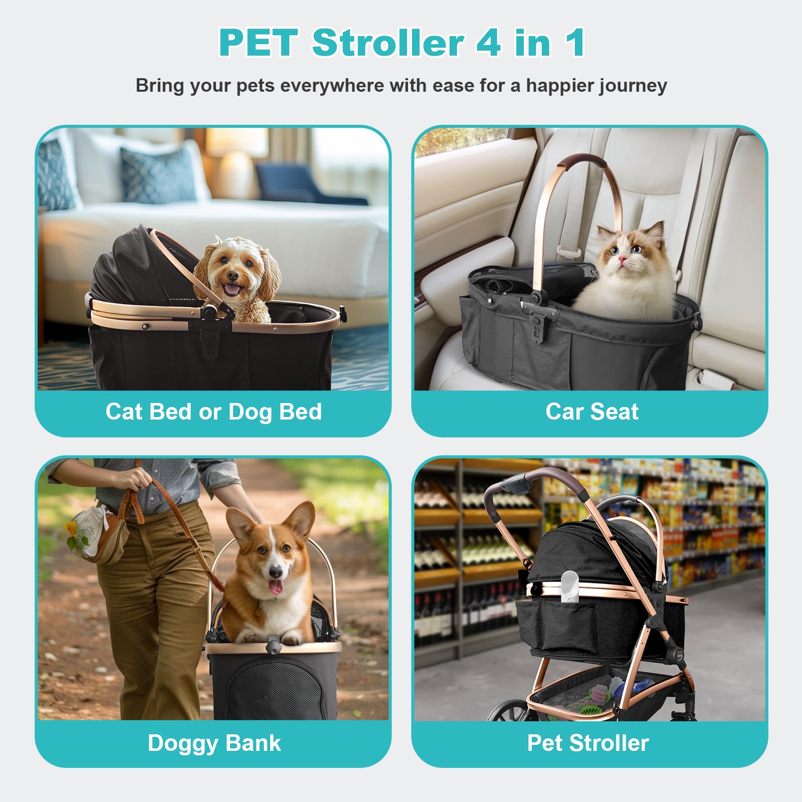 DAISTERN Passeggino per Cani 4 in 1 fino 25 Kg,Telaio in alluminio anodizzato 100% pieghevole,ruote gomma schiumosa 360°,Staccabili,adatto per cani e gatti di medie e piccole taglie, Marrone