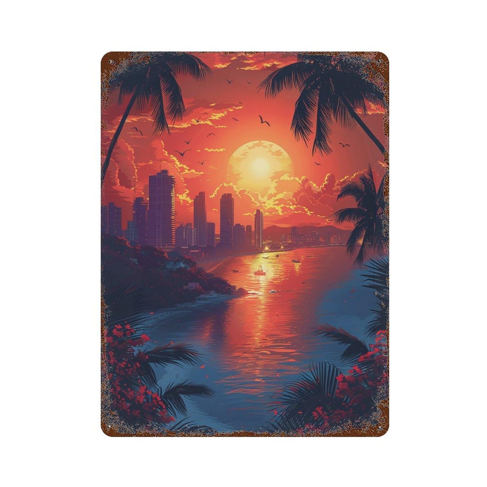 Tropical Sunset Cityscape 15.7"x11.8" Weathered Tin Sign, Rustic Home Decor for Living Room, Hallway And Home Decor