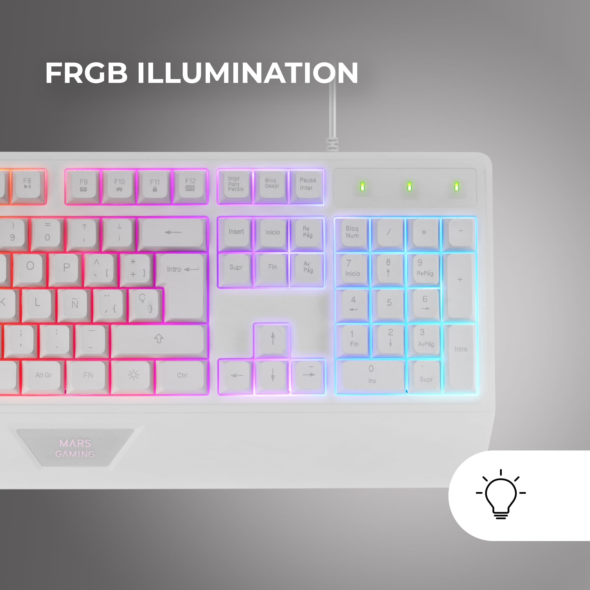 Mars Gaming MK124, Idioma Español, Teclado Ergonómico H-Mech Completo, Reposamuñecas Integrado, Iluminación FRGB Rainbow, Gaming Antighosting, Multiplataforma, Blanco — view 4