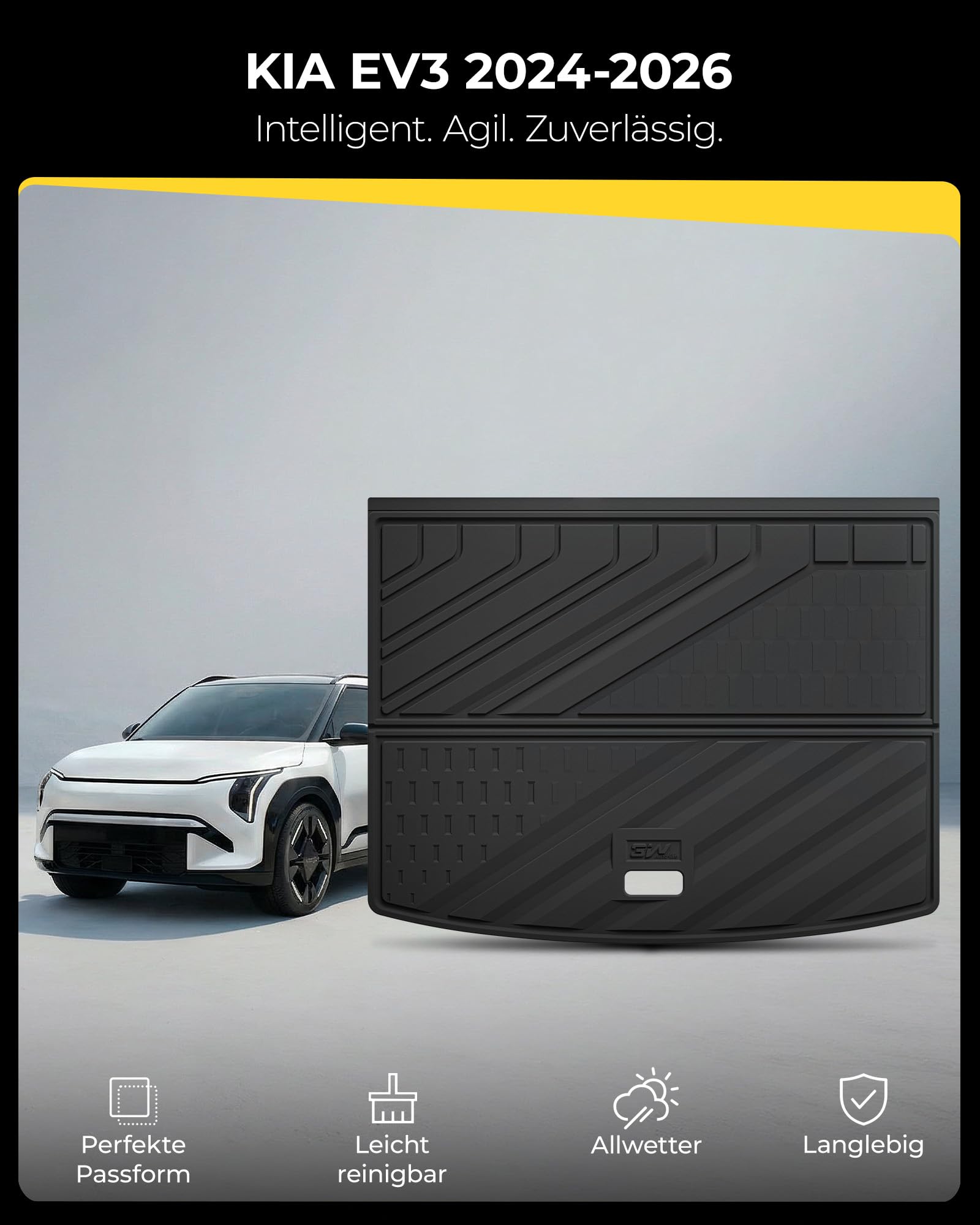 3W Kofferraumwanne für Kia EV3 2024-2026, Allwetter Schutzmatte | Thorex™ Hundefreundlich Kofferraumschutzmatte Zubehör, Schwarz Antirutschmatten