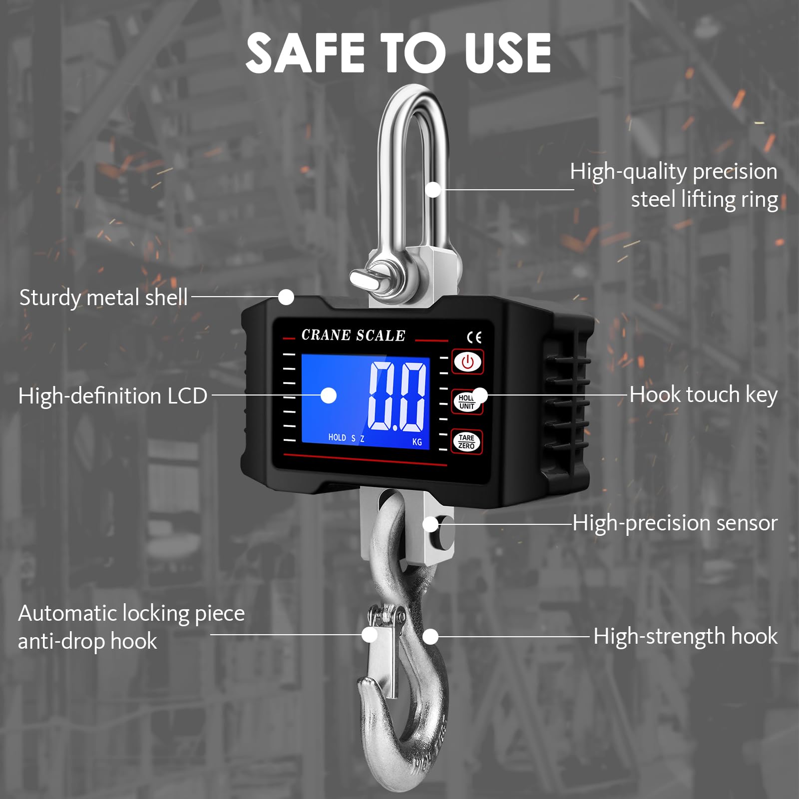 Digitale Kranwaage 2200 Lbs 1000KG LCD Hochpräziser Sensor Datenhalte Tara Einheitenumschaltung