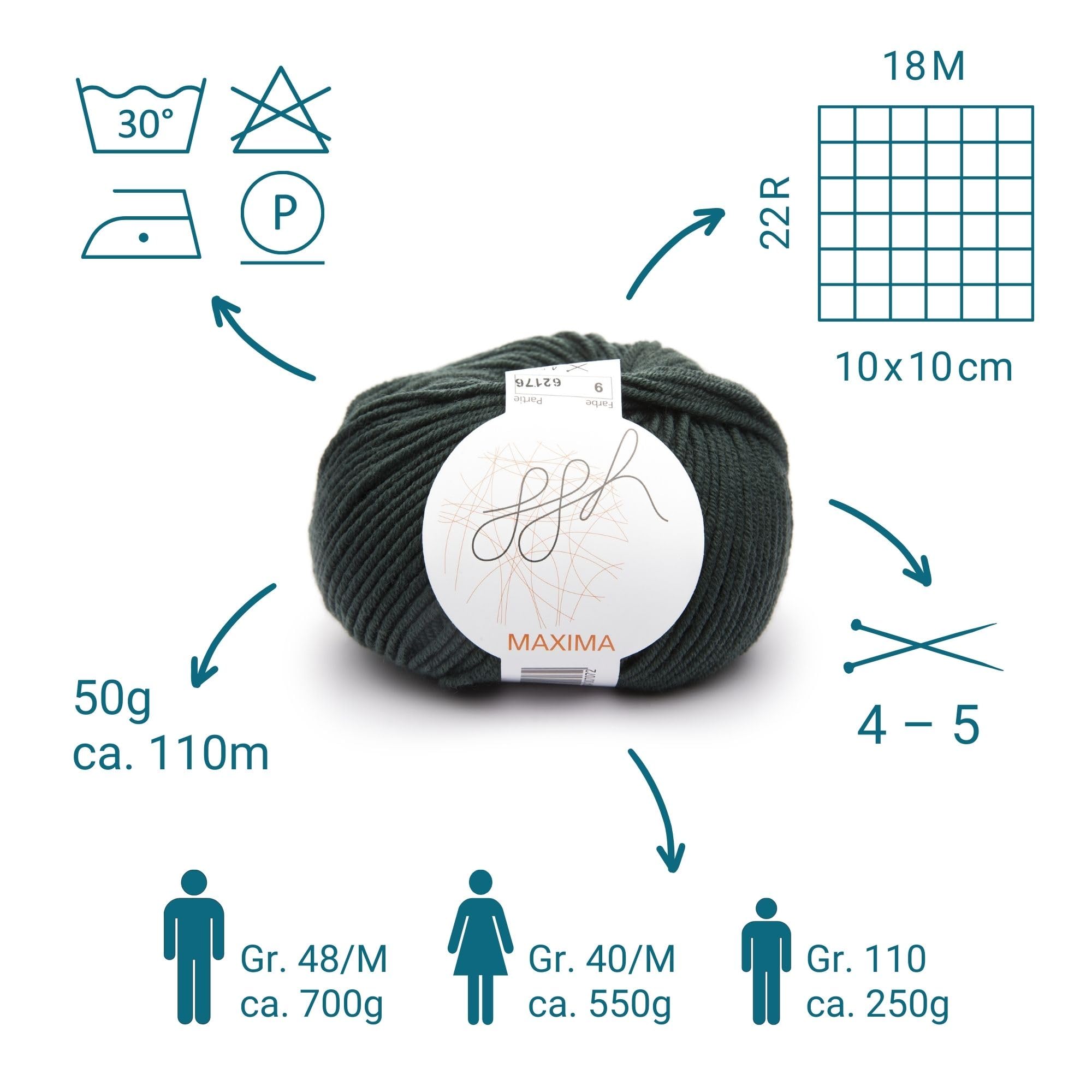 ggh Maxima Box - 6 cajas de 50 g (300 g en total), 110 m/50 g, lana de merino extrafina y lavable a máquina, grosor de aguja 4-5, color 009, pizarra verde