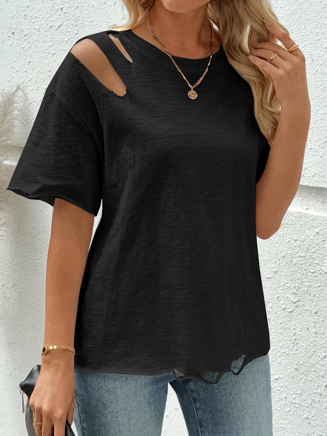 SOFIA'S CHOICE Women Distressed Short Sleeve T Shirts Loose Fit Casual Summer Ripped Tee Top - Image 2
