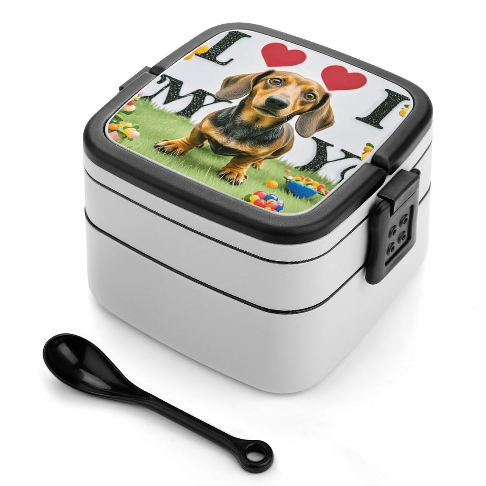 VstaDank I Love My Dog Dachshunds Bento Box with Compartments Portable Lunch Containers with Spoon Leak Proof Bento Lunch Box Snap-On Design Double-Layer Insulated Lunch Boxes for Work Camping