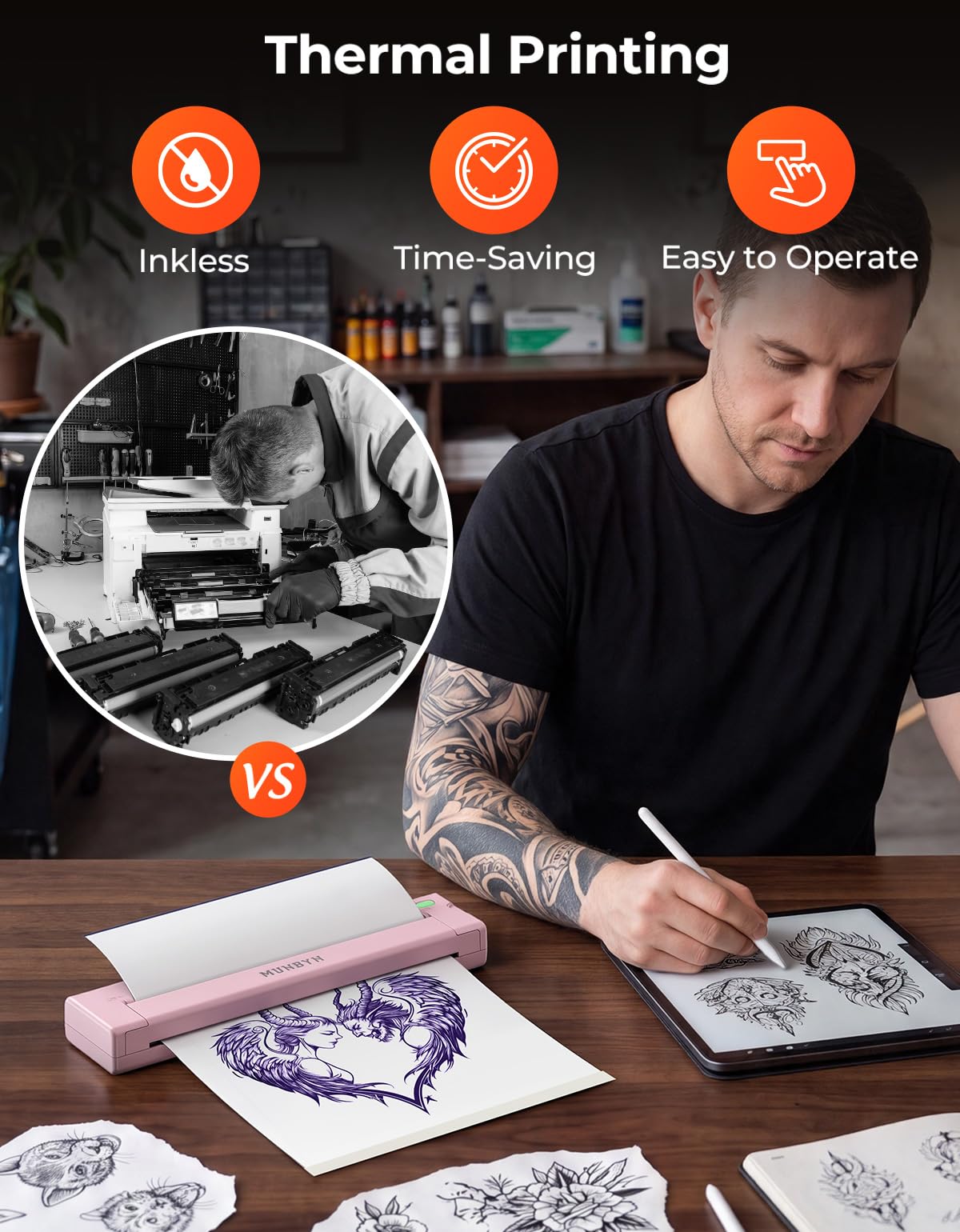 MUNBYN Termocopiadora Tattoo Bluetooth, Impresora Termica Tatuajes para DIY, Compatible con Smartphone y PC, Incluye 10 Hojas de Papel de Transferencia, ITP05S Rosa