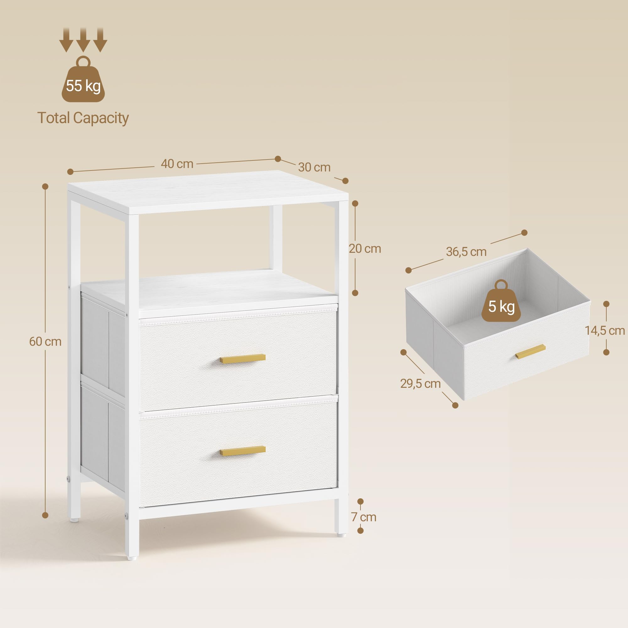 Hzuaneri Nachttisch 2er Set, Beistelltisch mit 2 Stoff-Schubladen und Regalen, Offenes Fach, Couchtisch, Nachtschrank Schlafzimmer, für Wohnzimmer, Schlafzimmer, Weiß NS30713W
