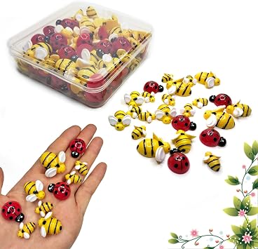 100 Pcs Tiny Resin Bees Ladybugs,Including 50 Pcs Resin Bee Ornaments 50 Pcs Resin Ladybugs Decors with Storage Box for DIY Crafts Wreath Party Home Decoration