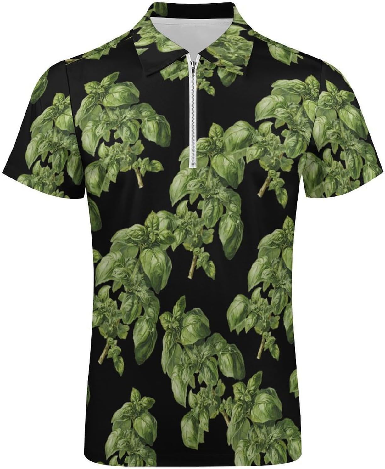 Green Basil Leaves Polo Shirts for Men Short Sleeve Athletic Golf Tees Tops | Casual Summer Zippered V Neck Mens T-shirts Sports Quick Dry Tennis