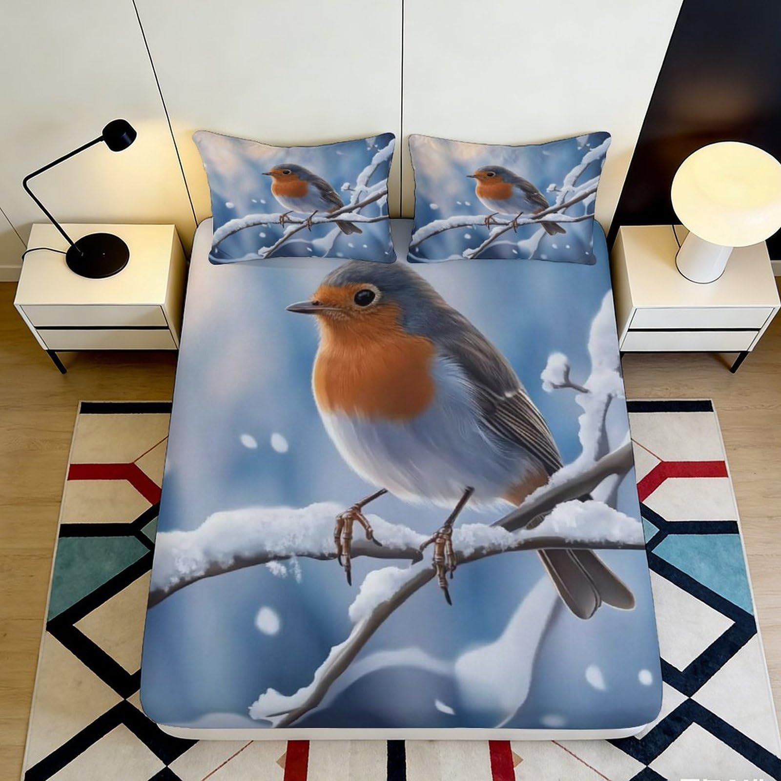 3D Printed Robin Bird Fitted Sheet Microfiber Anti-Slip Winter Branch Mattress Cover Bedroom Decor Machine Washable 120x200x25cm
