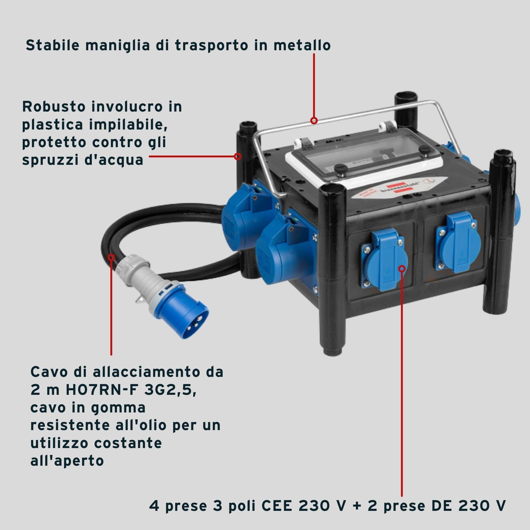 Distributore di Corrente Portatile e Compatto Brennenstuhl 1153668306, Cavo da 2 metri, 2 Prese Schuko 230V/16A & 4 Prese CEE 230V/16A, Ideale per Utilizzo in Cantiere e all'Esterno, IP44, giallo