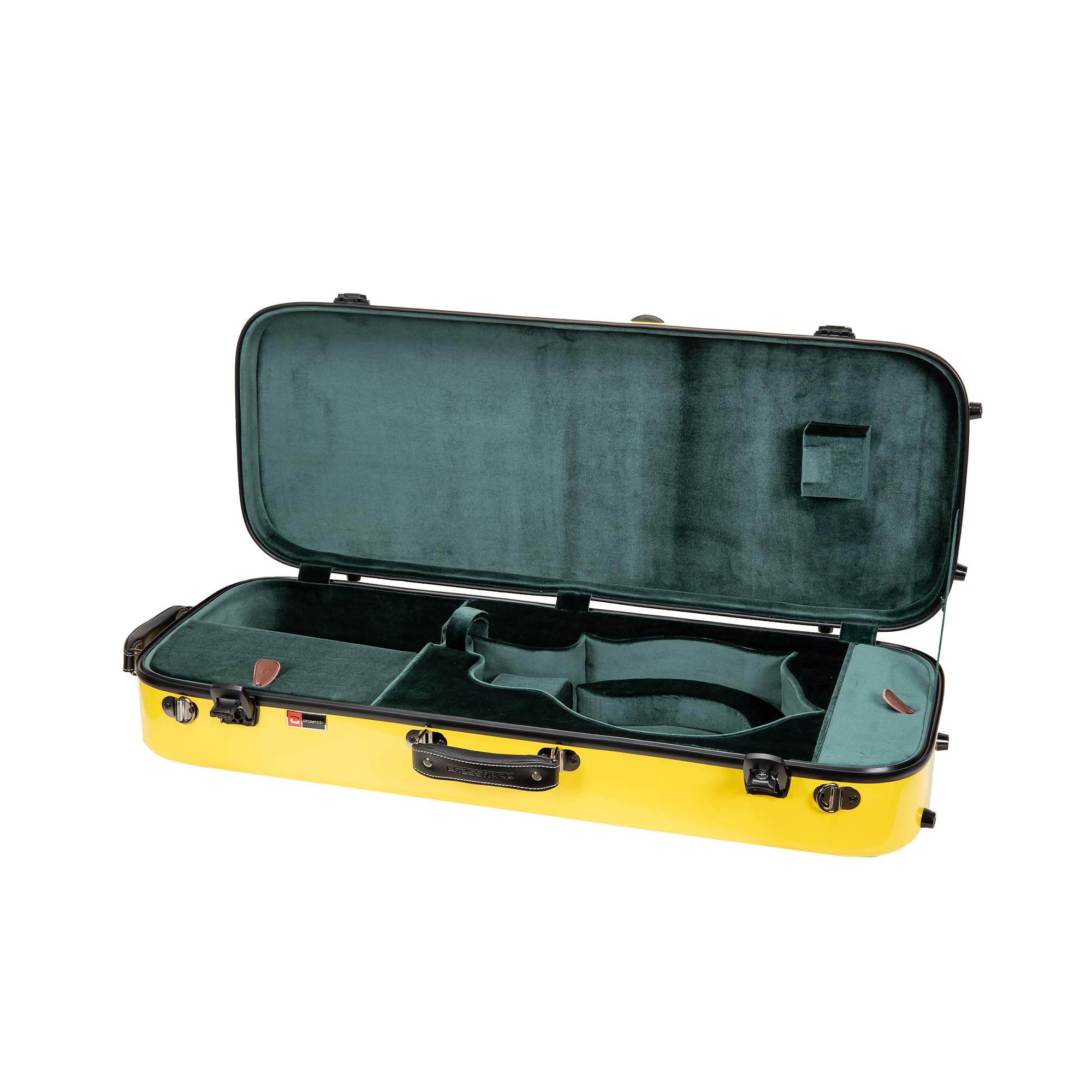 Crossrock Fiberglass Mandolin Case – Oblong for F-Style (Fits Gibson F5) | Yellow Gloss Finish, Forest Green Velvet, TSA Lock, Hygrometer, Backpack Straps – Hard Shell Pro Travel Series