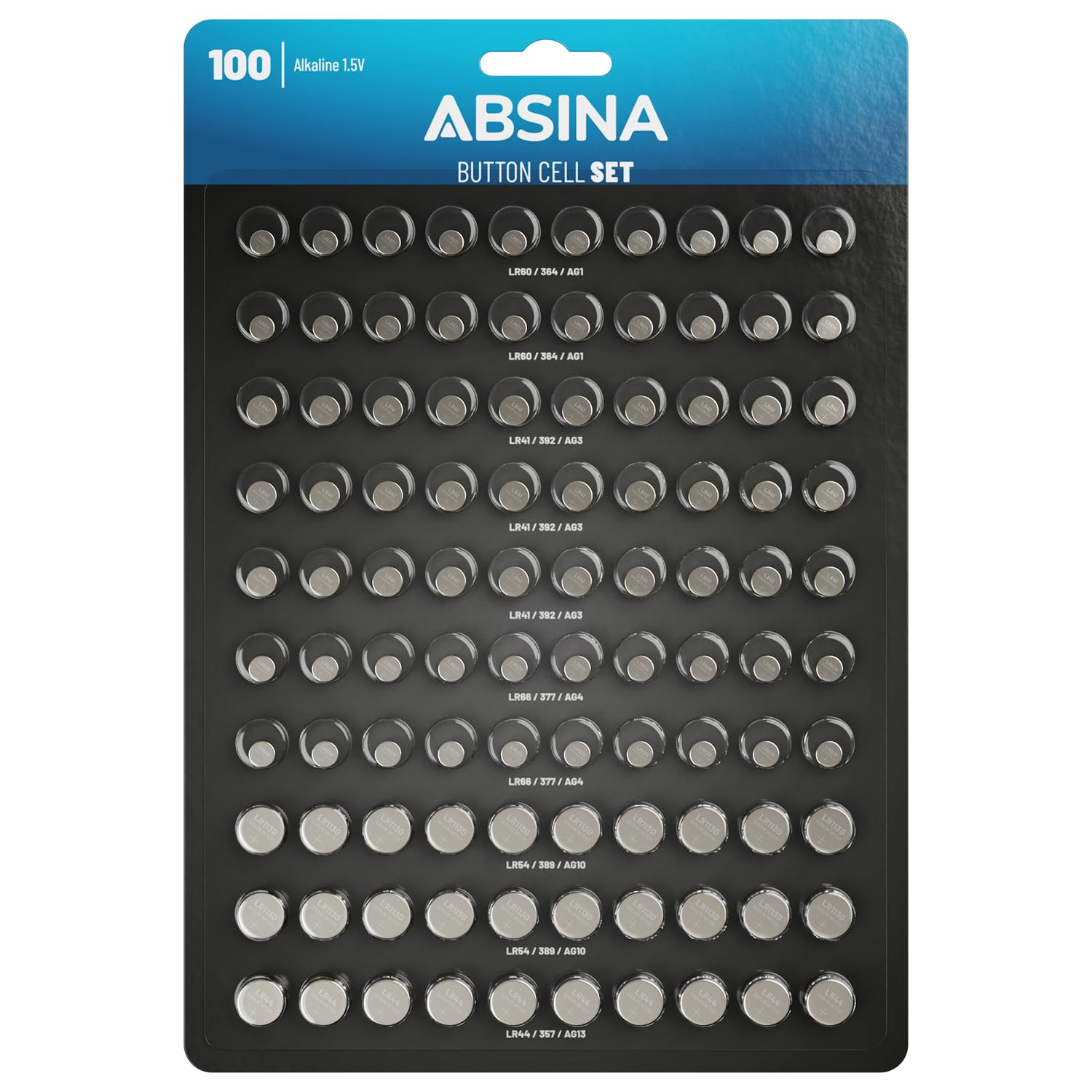 ABSINA button batteries mixed 50 pack Alkaline 1.5V - 20x AG1 / 30x AG3 / 20x AG4 / 20x AG10 / 10x AG13 - Assorted watch batteries, watch batteries assorted sizes, button cell batteries assorted