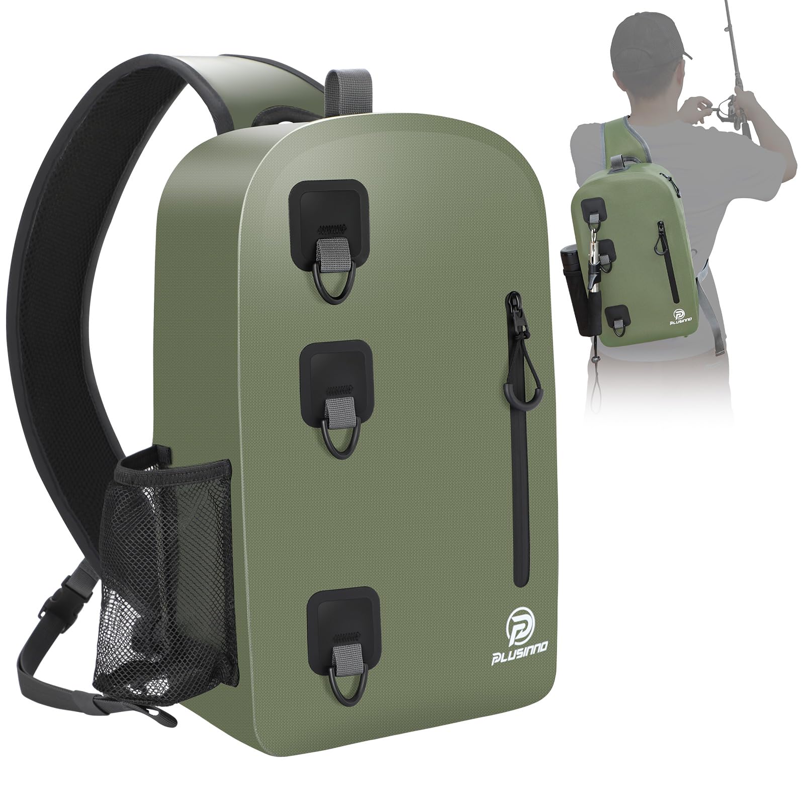 PLUSINNO Waterproof Fishing Backpack, 12L Fly Fishing Sling Bag, Fishing Tackle Bag with Airtight Zippers for Fly Fishing, Kayaking, Boating, Fishing Gear and Equipment, Fishing Gifts for Men -Green