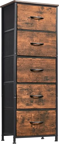 Somdot Cómoda alta para dormitorio, organizador de almacenamiento de 5 cajones, cómoda con contenedores de tela extraíbles para sala de estar,