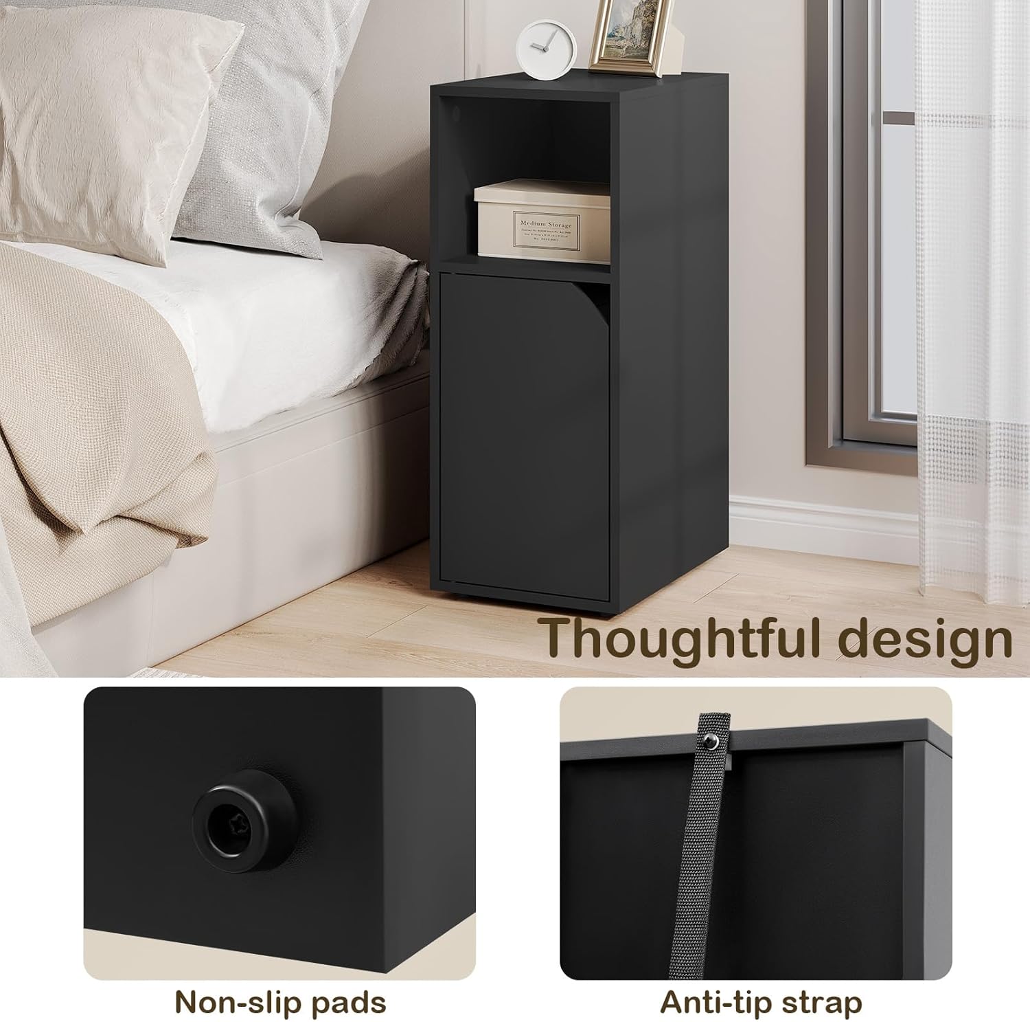 Images showing the cut-out handle and magnetic closure design of the WOLTU NTS16sz Nightstand door.