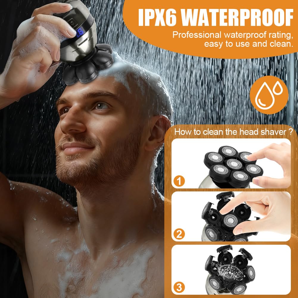 LOPHE Afeitadora Cabeza Hombre, 4D Maquina Afeitar Hombre Calvo, Afeitadora Electrica Cabeza para Calva Facial Barba, 7 Cabezales y Pantalla LED, IPX6 Impermeable en Seco y Húmedo Recargable (8 en 1)