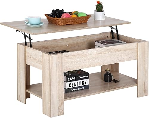 PayLessHere Mesa auxiliar elevable con compartimento oculto y estante de almacenamiento, mesa de comedor de madera para sala de estar y hogar