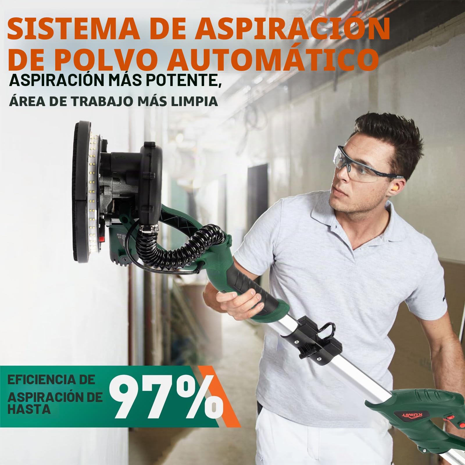 Lijadora de Pared, 850W Lijadora Eléctrica con 12 Discos de Lijado, 6 Velocidades Variables 800-1750 RPM, con Mango Extensible, Luz LED, Manguera Larga para Polvo y Bolsa de Almacenamiento