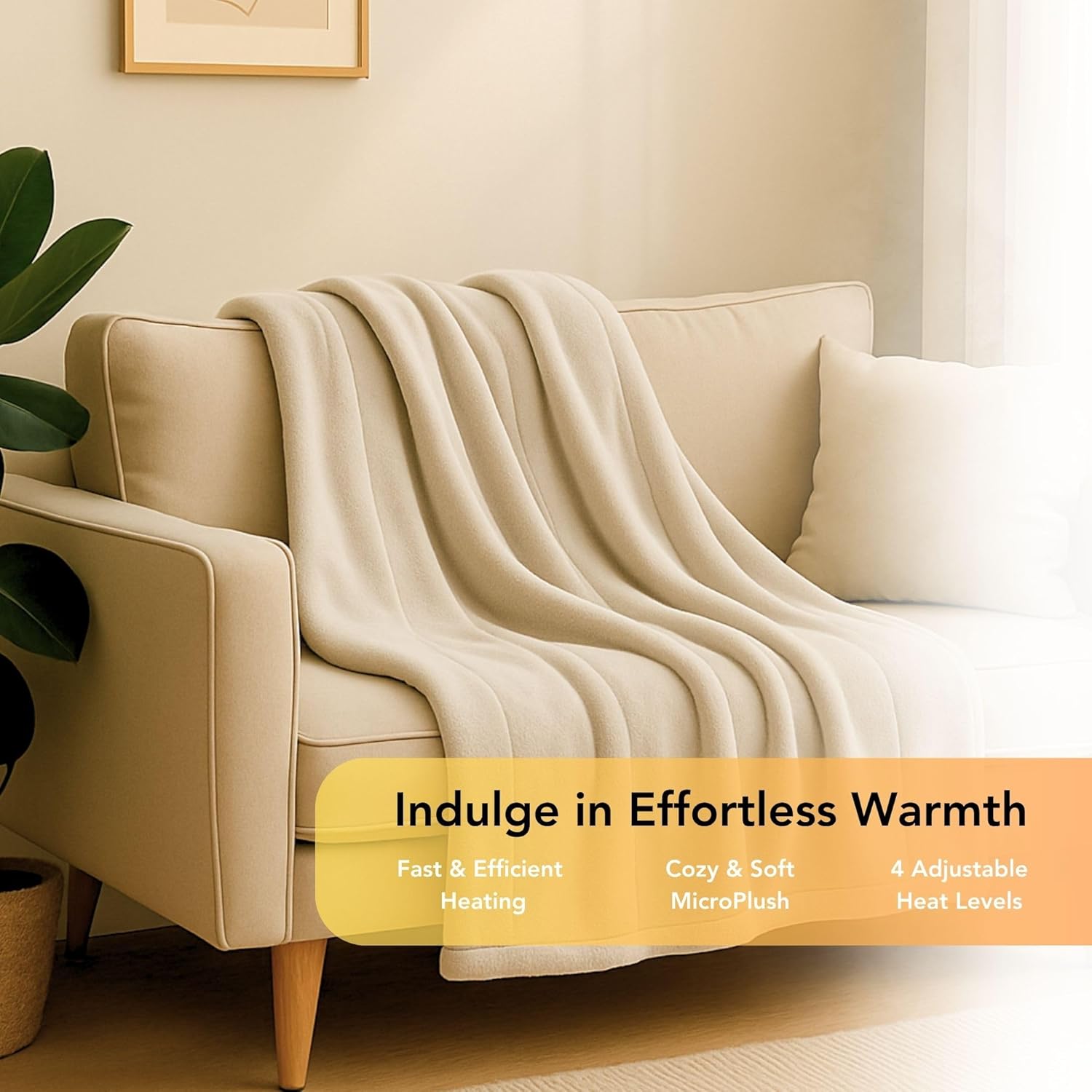 Comfort Zone Heated Blanket Electric Throw, Solid Pattern, Micro Plush Electric Blanket, Heating Blanket with 4 Heating Levels, 3H Timer, Auto Shutoff, Fast Heating (50x60 inches, Cream) - Image 3