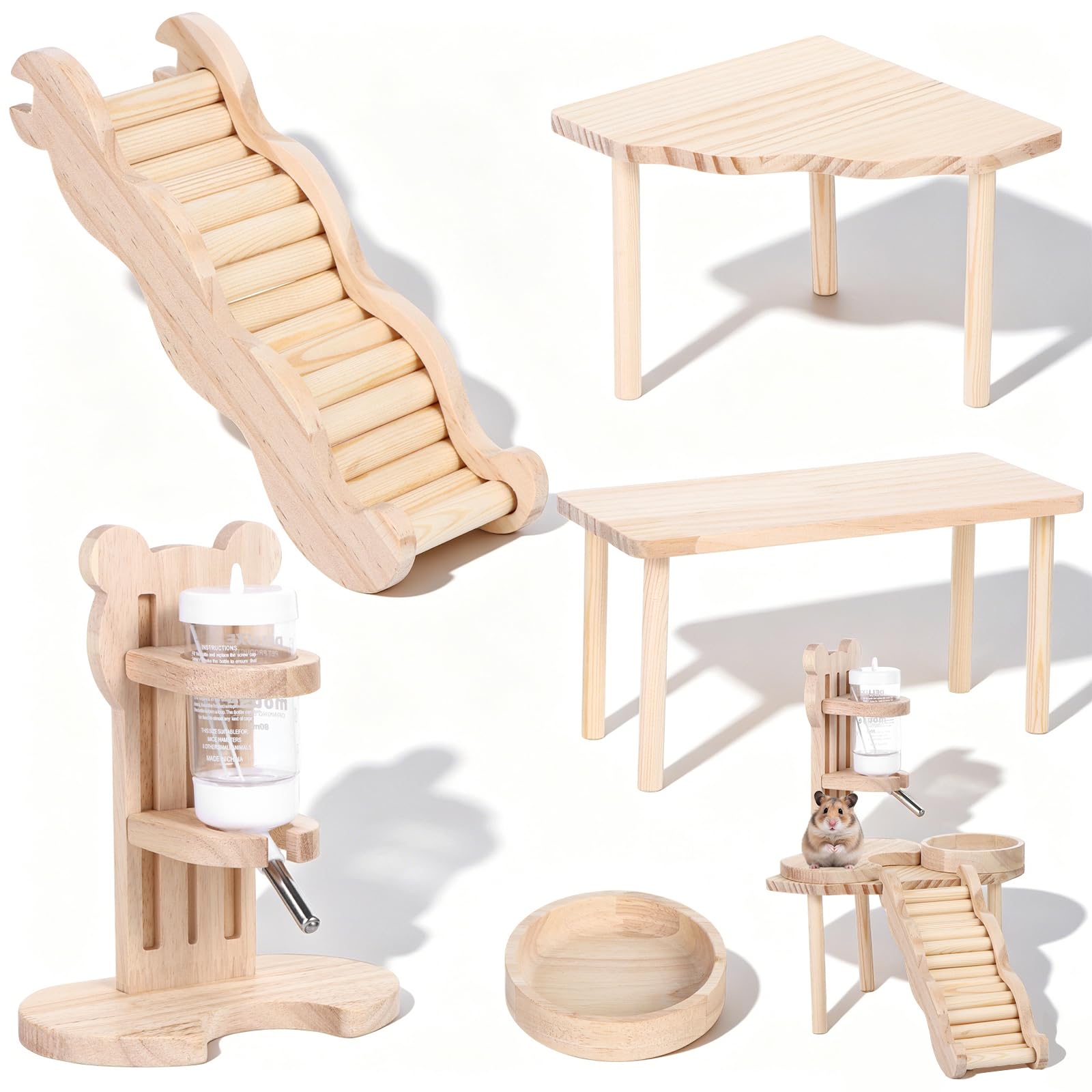 5 Pcs Wooden Hamster Cage Accessories Hamster Play Wooden Platform Set Wood Climbing Ladder Hams-ter Platform Water Bottle Feeding Bowl for Syrian Hamsters, Gerbils, Dwarf Hamsters Small Animal
