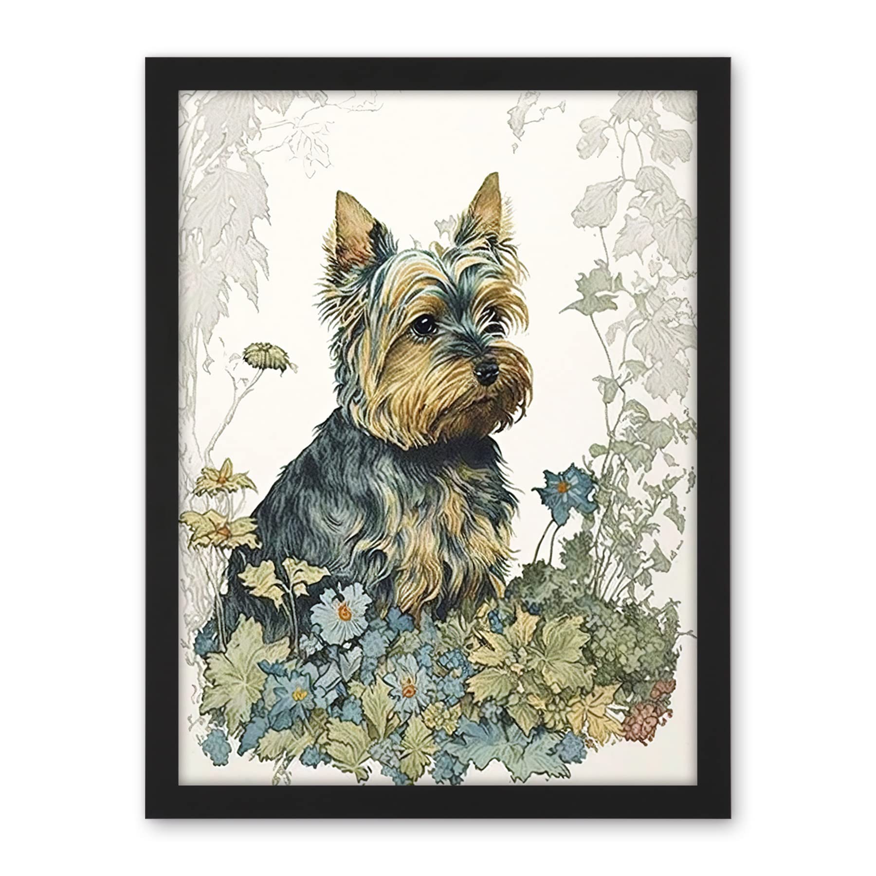 Artery8 Yorkshire Terrier Dog in Wildflowers Watercolour Illustration Artwork Framed Wall Art Print 18X24 Inch