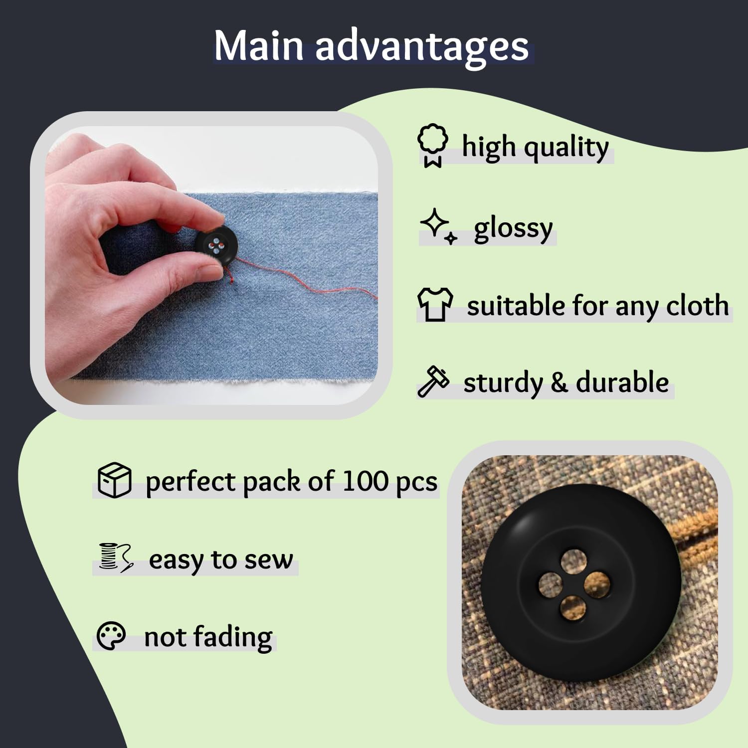 100 Pcs Black 4-Hole Round Sewing Buttons 0.75 inch Uniform Buttons 30L Graphite Plastic Buttons Glossy 3/4" 19mm Ideal for Workwear School Chef Aprons Pants Jacket Bags Accessories Craft DIY