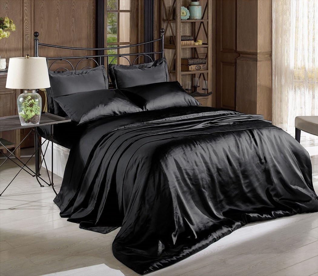 Hight Thread Count Solid Color Soft Silky Charmeuse Satin Luxury and Super Soft Bed Sheet Set (White, Queen)