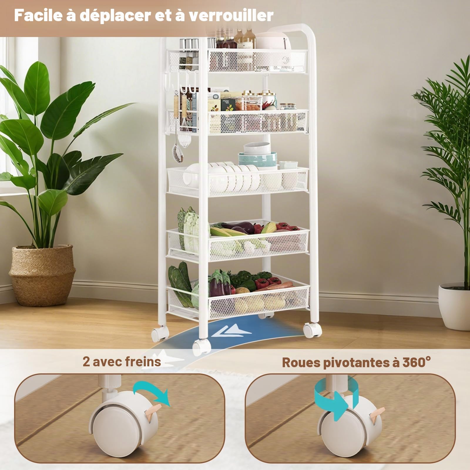 Desserte Roulante 5 Niveaux, 44 x 26 x 102 cm, étagère à Légumes, Chariot de Rangement étroit en Métal sur roulettes avec 4 Crochets, Chariot pour Fruits et Boissons, Panier en Maille Blanc