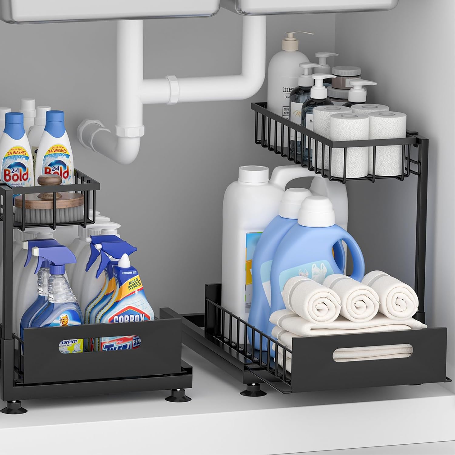 Under Sink Organizer Storage 2-Tier Premium Metal Pull-Out Kitchen Cabinet Organizer with Sliding Drawer Height Adjustable Heavy Duty