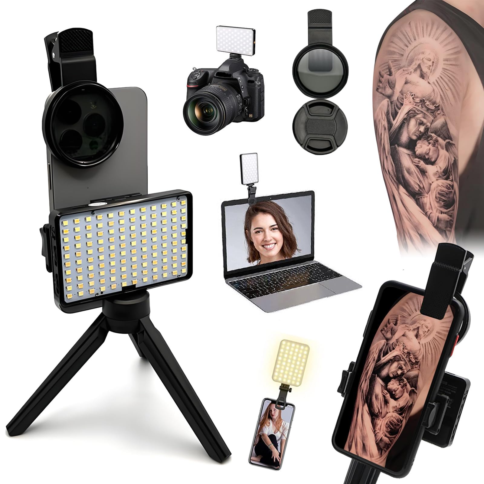 Kit Lumière LED pour Tatouage avec Filtre CPL 52mm Anti Reflets, Idéal pour Créer du Contenu TikTok Youtube Compatible avec Smartphone Tablet et Appareil Photo