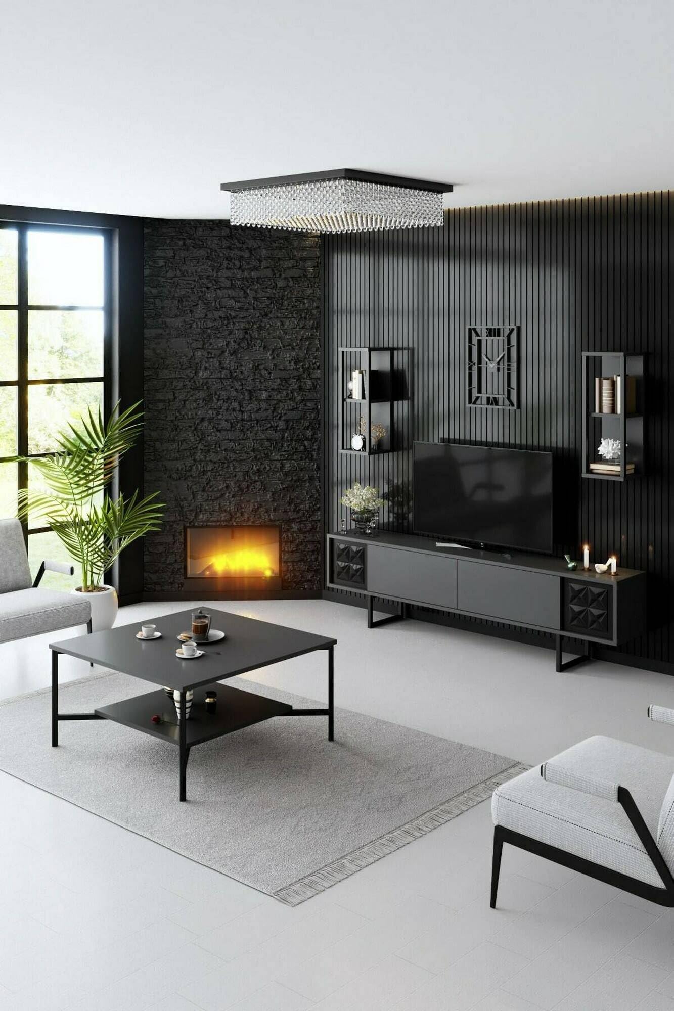 Dmora - Mobile porta TV Kaus, Credenza da soggiorno, Armadio basso per TV, Base parete attrezzata, 180x30h48 cm, Antracite e Nero