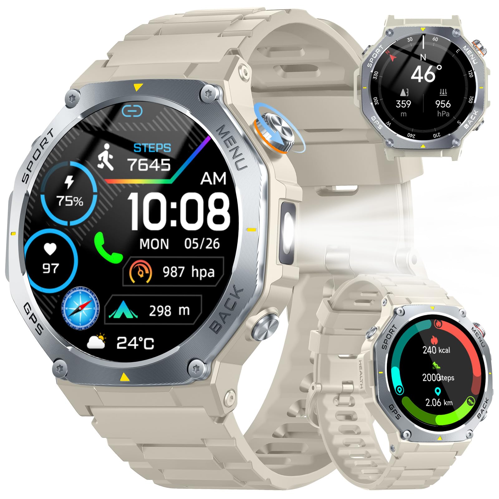 Reloj Inteligente Mujer Militar con GPS y Linterna LED, 5ATM Smartwatch con Brújula llamadas Bluetooth Pulsómetro OxÃmetro Sueño, 1.43"AMOLED Reloj Deportivo con 160+Modos Deportivos para IOS Android