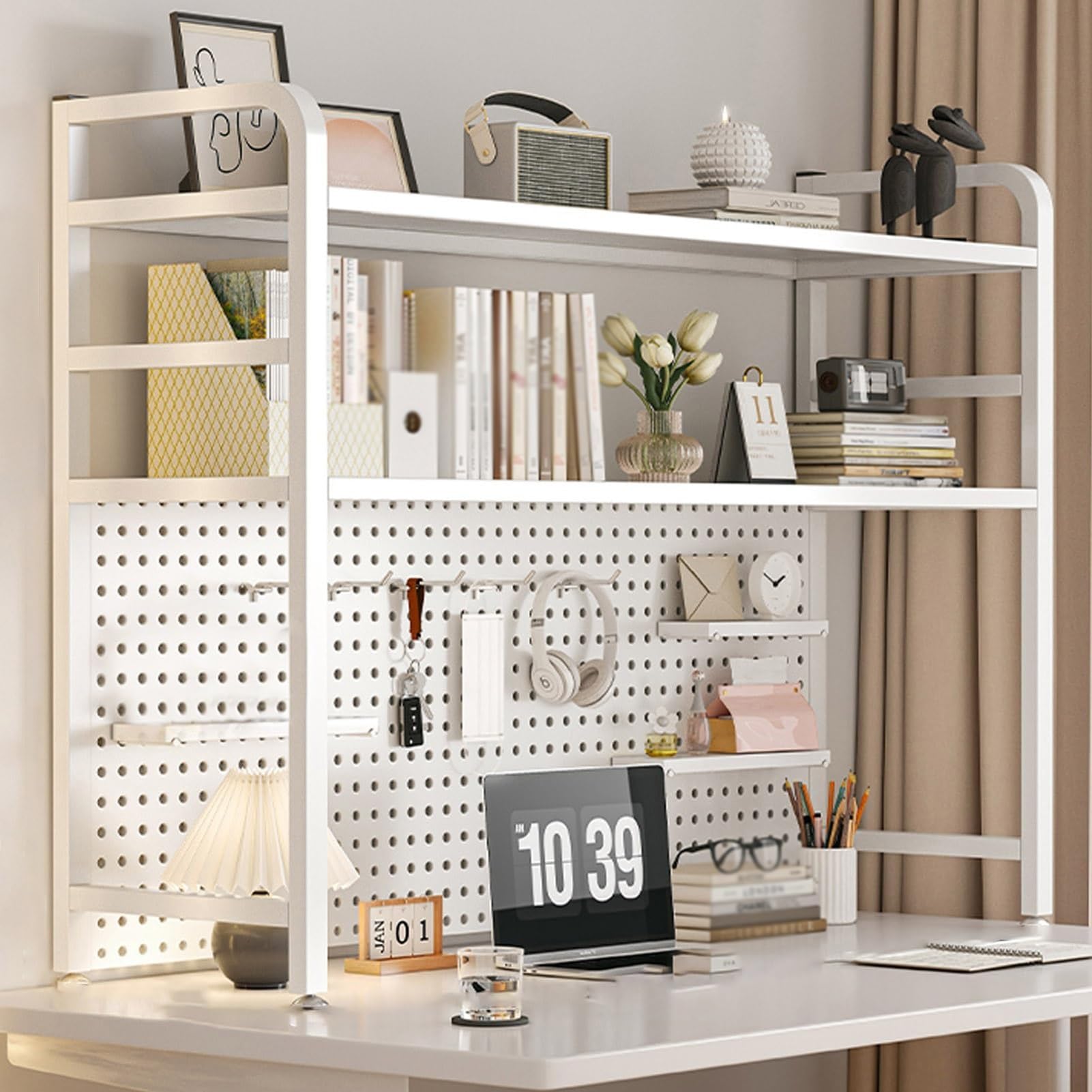 Schreibtischregal mit Lochwand, Aufbewahrungsregal für Bücher, Dekoartikel und Büromaterial, Vertikale Aufbewahrung für kleine Schreibtische, Homeoffice, Studentenwohnheim, Schminktisch (Weiß, 115