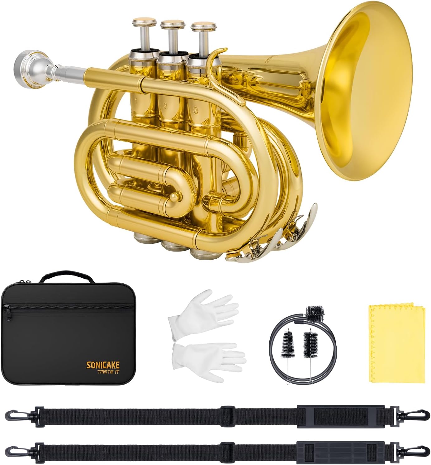 SONICAKE Pocket Trumpet Bb Flat - Gold Lacquer Brass Mini Trumpet Full Kit for Beginners Students with 7C Mouthpiece, Hard Case, Gloves & Cleaning Kit QPT-01 (Golden)