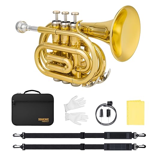 SONICAKE Pocket Trumpet Bb Flat - Gold Lacquer Brass Mini Trumpet Full Kit for Beginners Students with 7C Mouthpiece, Hard Case, Gloves & Cleaning Kit QPT-01 (Golden)