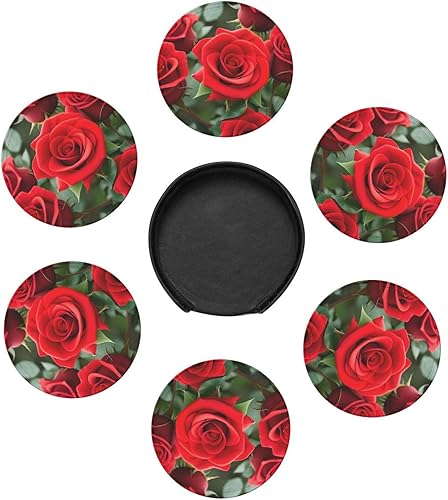 Miniatura 7 de Red Rose Flowers Leather Coasters for Drinks Set of 6 for Tabletop Protection, Elegant Home Decor & Housewarming Gift