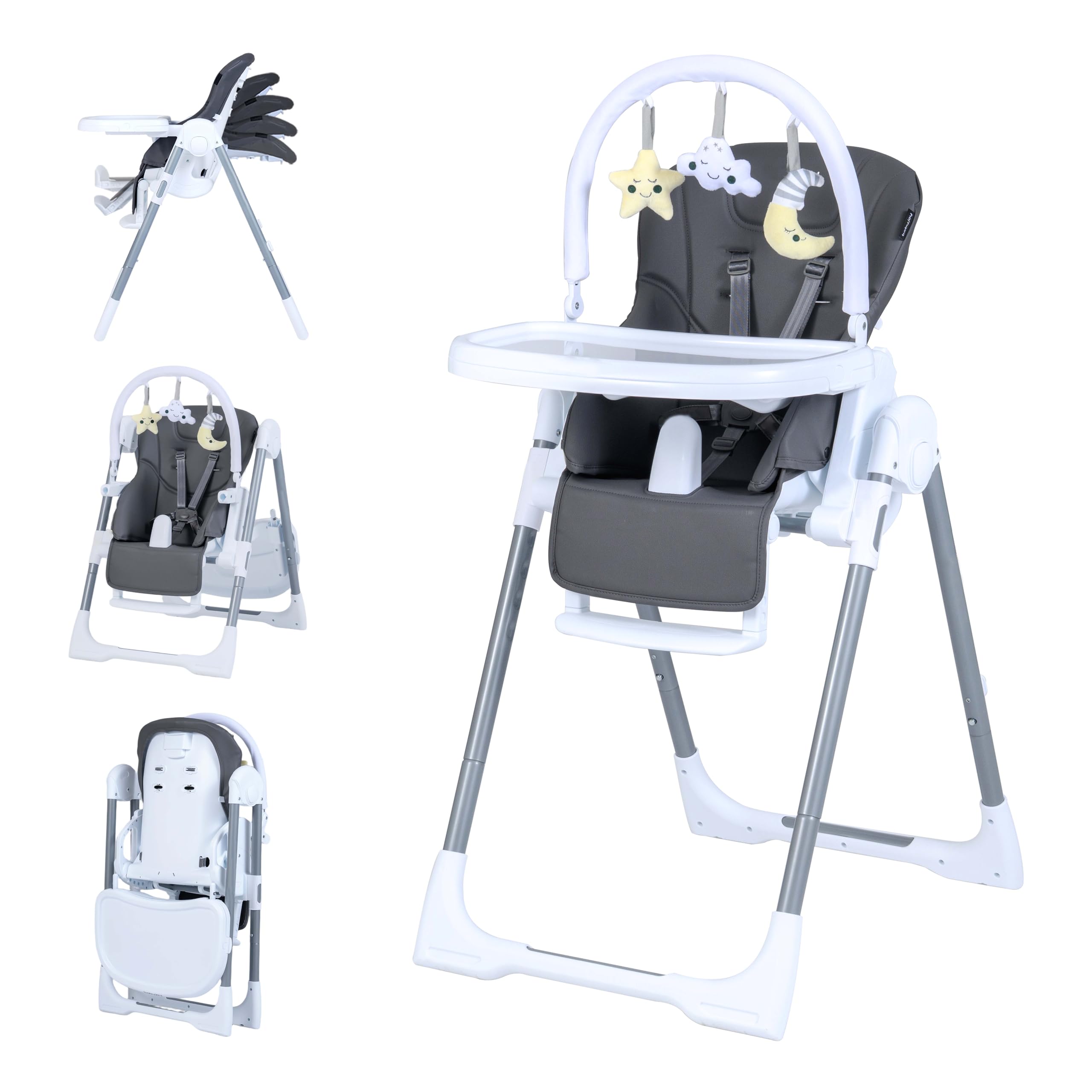 GOPLUS Silla Alta Plegable para Bebés, Trona Convertible para Niños Pequeños con Altura Ajustable, Respaldo, Reposapiés, Bandeja Extraíble y Cojín de Asiento, Silla Portátil con Ruedas (Gris Oscuro)