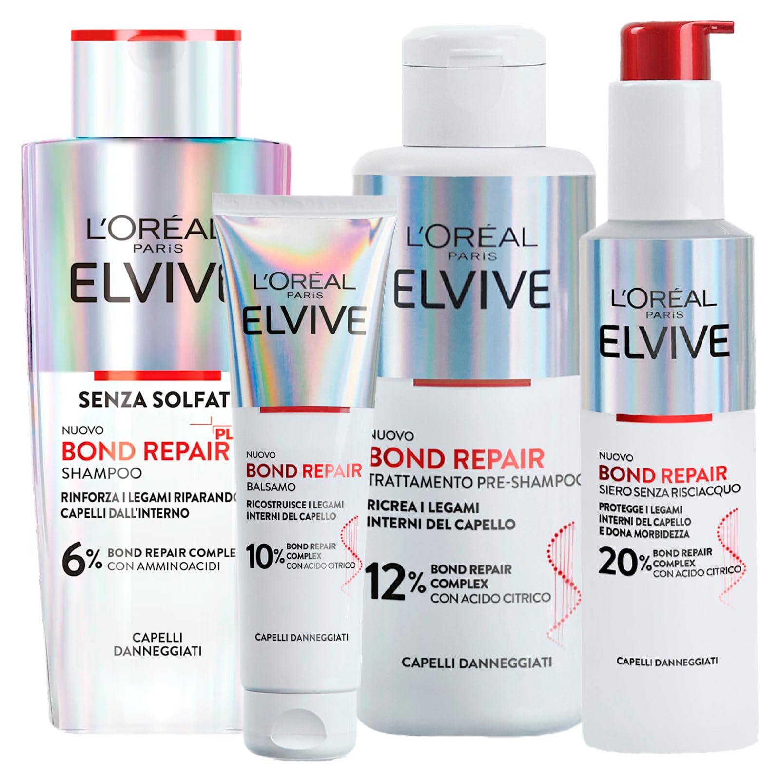 L'Oréal Paris Elvive Bond Repair Balsamo Capelli Danneggiati 150ml + Siero Senza Risciacquo Riduce Doppie Punte 150ml + Trattamento Pre-Shampoo con Acido Citrico 200ml + Shampoo Senza Solfati 200ml