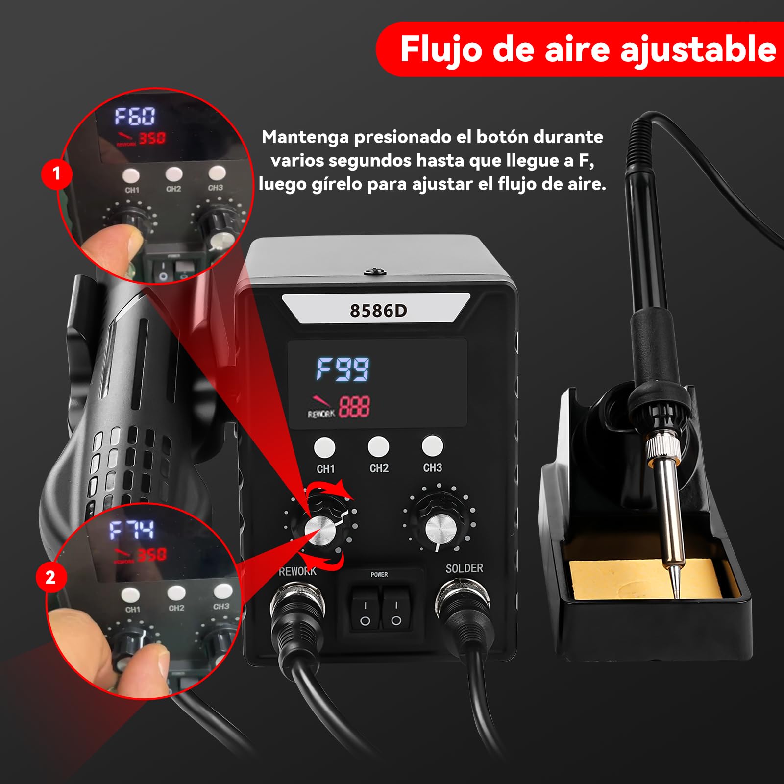 2 en 1 Conjunto de Estación de Soldadura 760W, Pantalla Digital 180-500°C Soldador +Pistola de Aire Caliente 8586D, Herramienta de Desoldadura Y Reparación, para Componentes Electrónicos