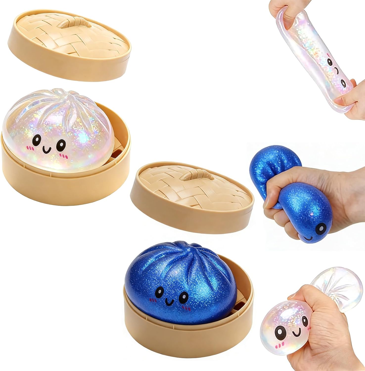 2026 New Glitter Dumpling Squishy Box, Stress Relief, Soft Squeeze Decompression Dough, Glitter Dumpling Squishy for Stress Relief (Transparent+Blue)