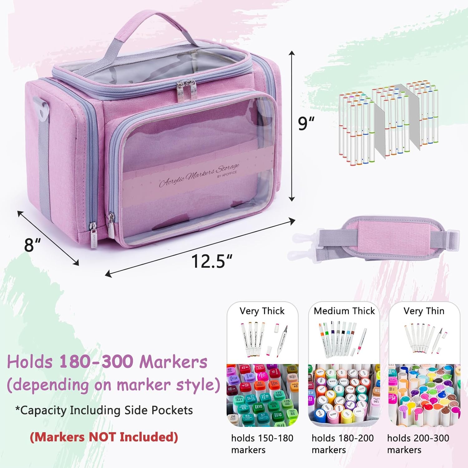 Marker Storage Organizer Case for 180–300 Markers – Large Marker Holder with Divider, Travel Carrying Case for Alcohol Markers, Pens, Colored Pencils, and Stationery – Portable Art Supply Bag