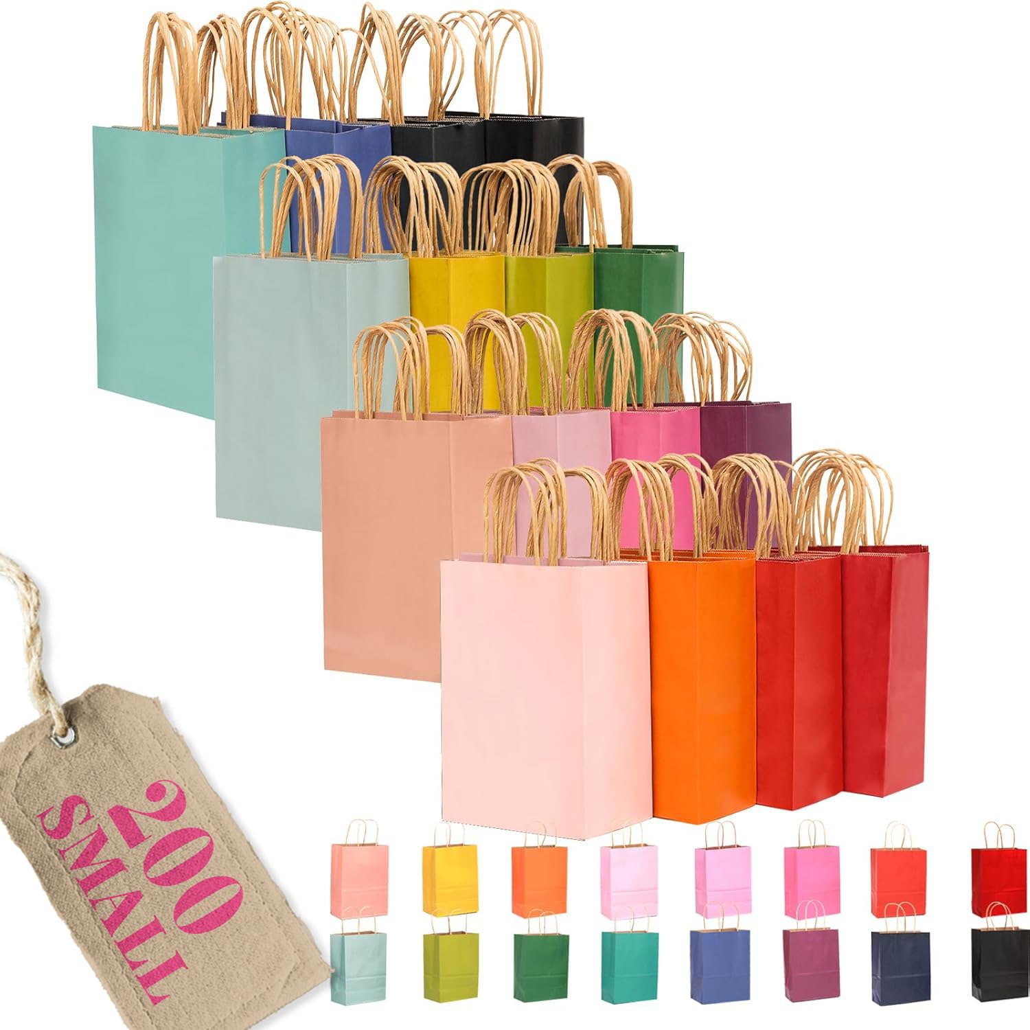 Gcardist 200-Packs 16 Colors Kraft Paper Gift Bags with Handles Bulk 8.3"x6"x3.15"Small Size Paper Bags Multiple Uses(21x15x8cm)