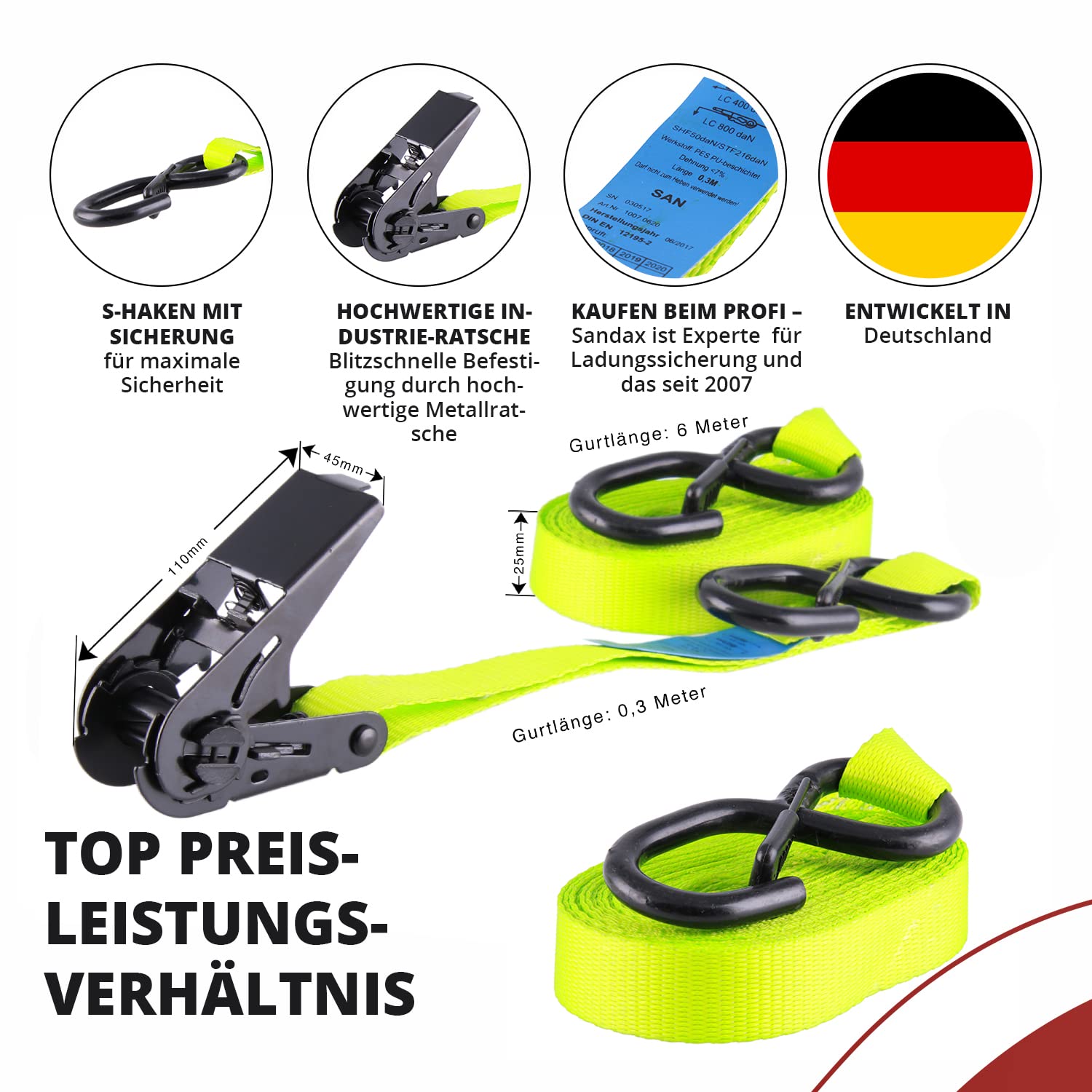Sandax Profi 12m Spanngurt Mit Langhebelratsche – 5000 Kg Bruchlast, TÜV GS, DIN EN 12195-2, 50 Mm Breit