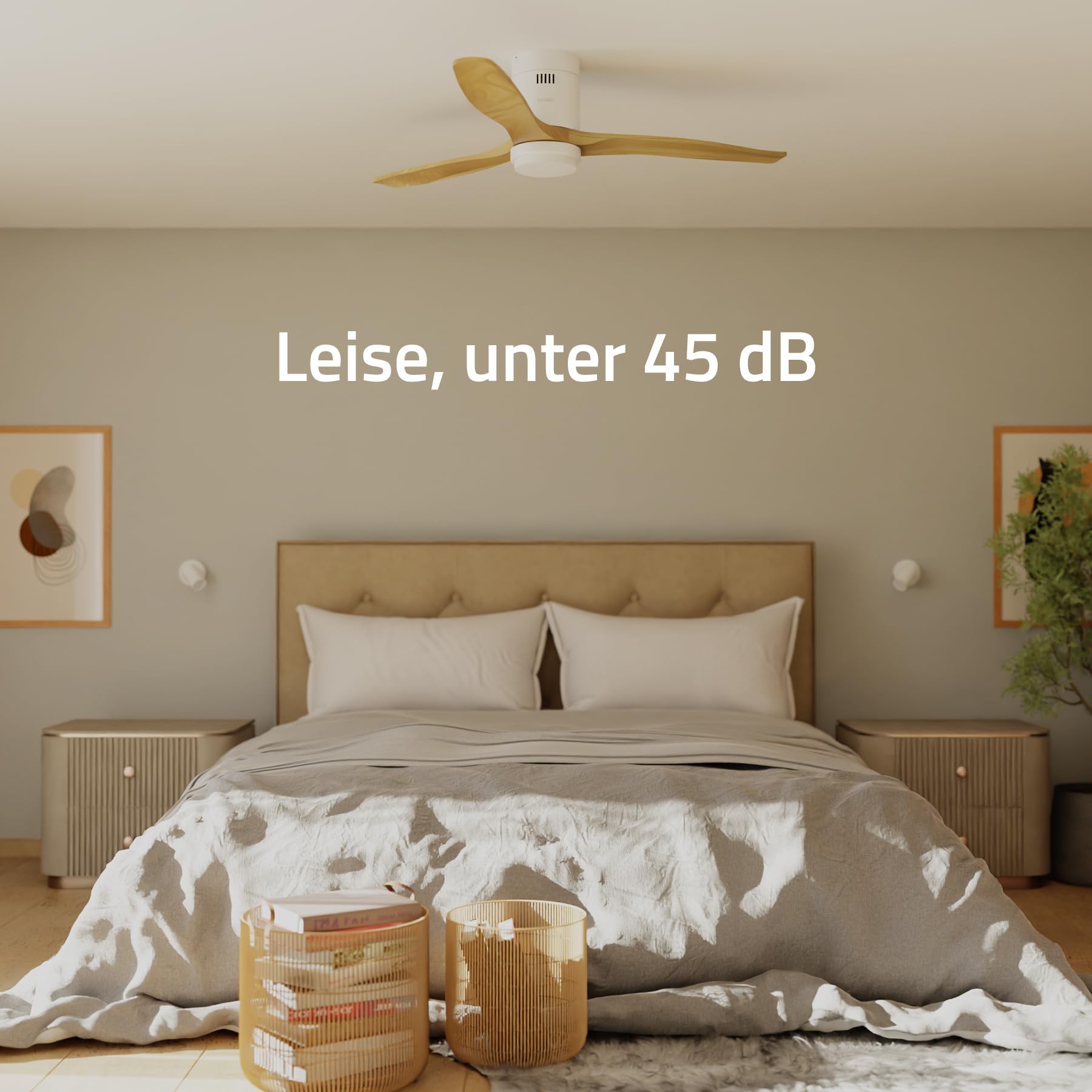Hombli Smart Deckenventilator mit LED-Licht, warmweiß, kaltweiß, dimmbar, Appsteuerung WLAN, 132 cm, leise 35W Motor, Räume bis 35 qm - Holz hell | Ventilator mit Beleuchtung, App-Steuerung, Räume bis 35 qm, LED-Licht, warmweiß, niederländische Marke für