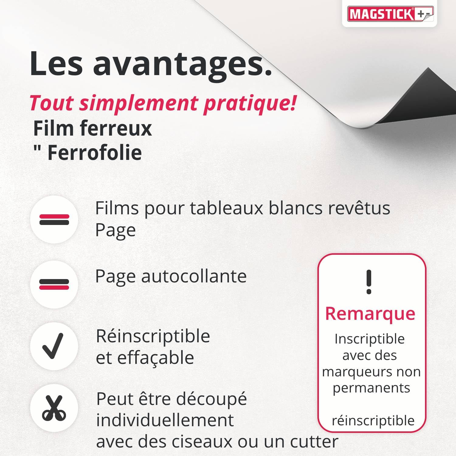 ferrofolie autocollante pour tableau blanc I DIN A1 I flexible, réinscriptible et effaçable I surface magnétique pour aimants I couleur blanche I mag085