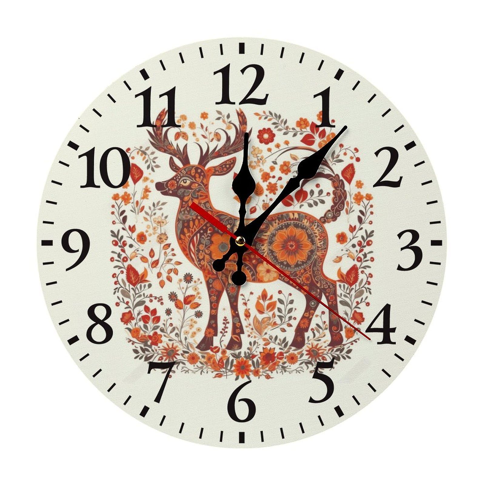 NTVOWPZO 10 Inch Wall Clock Red and Orange Deer Battery Operated Wall Clocks Silent Non-Ticking Round Wall Clock for Living Room Kitchen Home Office Wall Decorative Clock