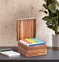Vista 7 de Neando Organizador de tarjetas de índice de 5 x 8 con tapa, caja de almacenamiento de madera de acacia extragrande con 4 compartimentos, 20 pestañas