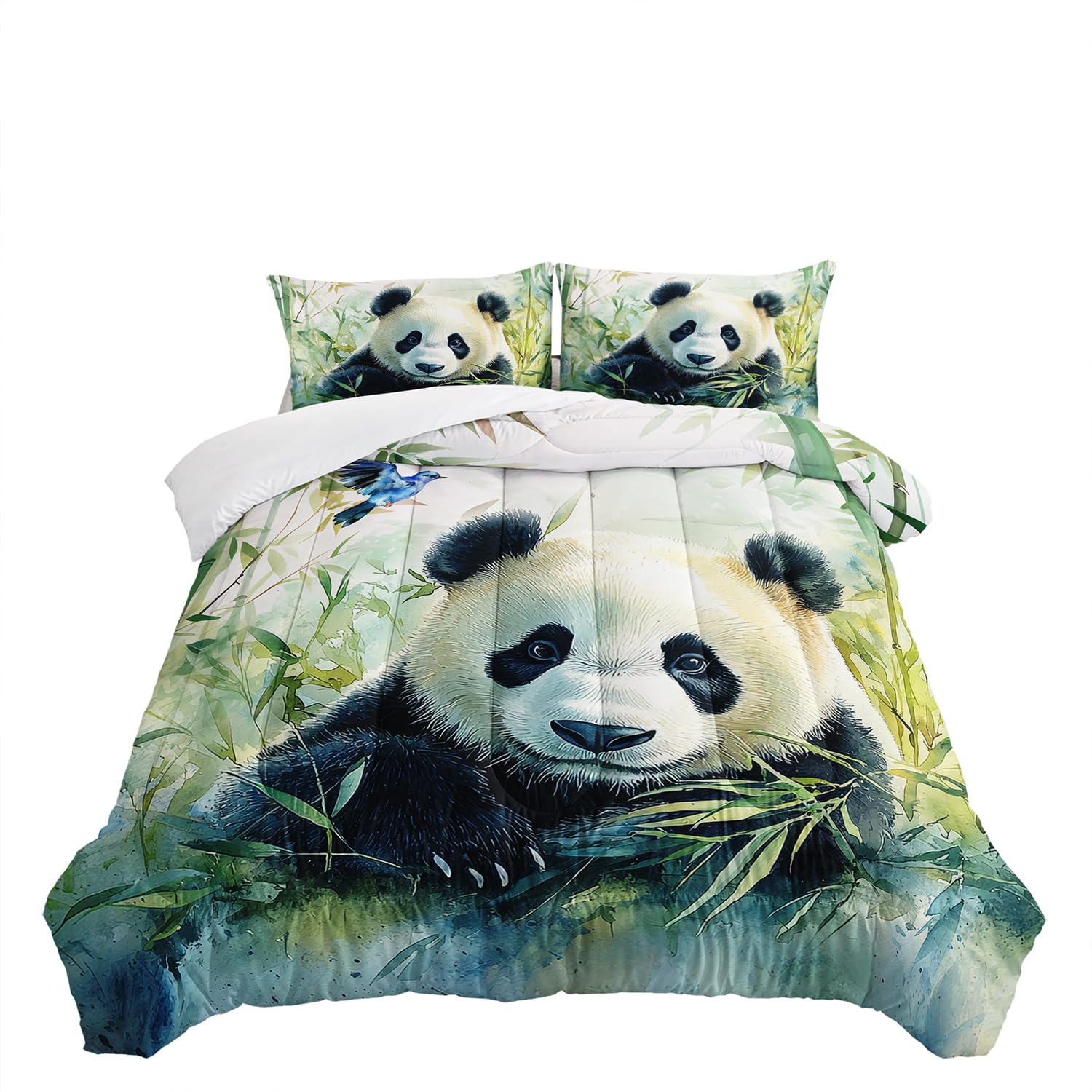 Nttopship Cute Panda Bedding Set 3 PCS Kids Panda Comforter Set Full Size for Kids Boys Girls Animal Theme Comforter Kawaii Animal Soft Machine Washable Green 1 Comforter with 2 Pillowcases