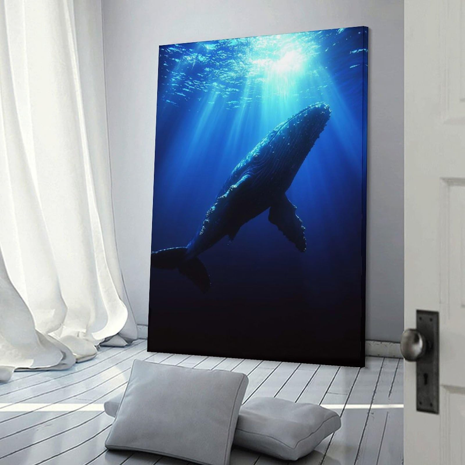 Junmoney Canvas Art Print Humpback Whale Swimming in Blue Ocean, 24x36inch(60x90cm), for Office, Study Or Home Workspace, Home Office Artwork with Decorative Appeal